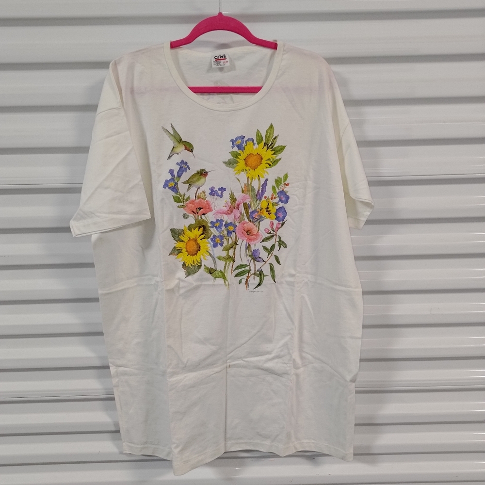 Vtg V.Pfeiffer Hummingbird Floral Artwork Crewneck Short Sleeve T-Shirt OS